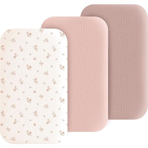 Muslin Bedside Sleeper Bassinet Fitted Sheets, 3 Pack Cotton Baby Sheet for Boys & Girls, Soft, Compatible with Baby Delight, Dream On Me, AMKE and Other Rectangle Mattress (Daisy Petal)