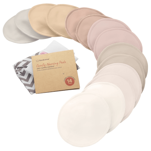 Organic Nursing Pads - 14 Washable Breast Pads for Breastfeeding, Wash Bag, Viscose Derived from Bamboo Reusable Nipple Covers for Breastfeeding Essentials, Soft & Absorbent(Bare Beige, M 3.9")