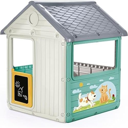 Dolu: My First House: White & Green - Playhouse, Indoor & Outdoor Toy, Cat & Dog Decal, Waterproof & Durable, Imaginative Play, Toddler Kids Age 2+