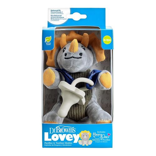 Dr. Brown's Baby Lovey Pacifier and Teether Holder, Triceratops with Gray HappyPaci, 100% Silicone, 0-6m (Packaging May Vary)