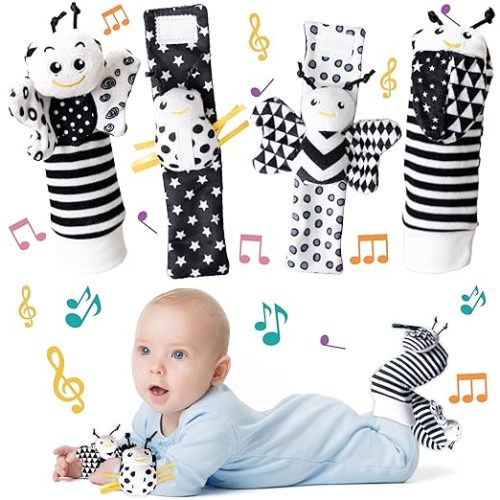 4Pcs Baby Wrist Rattles & Foot Finders Sock,Newborn Hand and Foot Rattles Suitable Toy for Babies,Educational Development Infant Toys,Infant Rattle Socks for 0-3-6-12 Months boy/Girl Gift… - Black