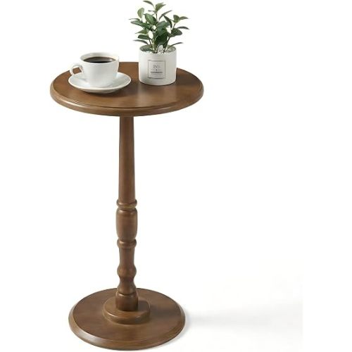 Small Side Table Living Room, Brown Round Corner Table for Small Spaces, Coffee Table with Solid Wood Pedestal Accent for Living Room, Corners, Bedroom, Bean Bag, Sofa Couch