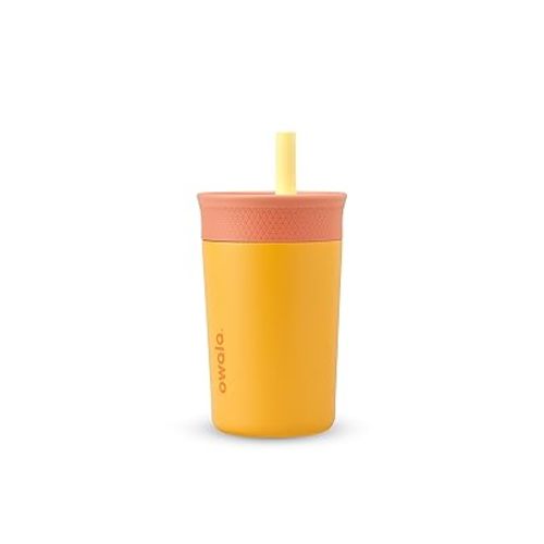 Owala Kids Insulation Stainless Steel Tumbler with Spill Resistant Flexible Straw, Easy to Clean, Kids Water Bottle, Great for Travel, Dishwasher Safe, 12 Oz, Peach and Yellow (Picnic) - Yellow & Peach - Drinking Cup