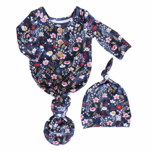 Midnight Meadow Newborn Baby Knot Gown & Hat Set