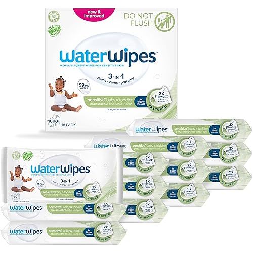 WaterWipes Sensitive+ Baby & Toddler Wipes, 3-In-1 Cleans, Cares, Protects, 99.9% Water, Textured Clean, Unscented & Hypoallergenic, 1080 Count (18 Packs)