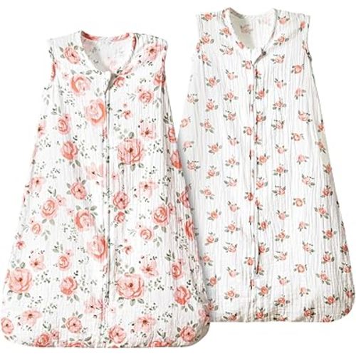 PHF 100% Muslin Cotton Baby Sleep Sacks, 6-12 Months Sleep Sack with 2-Way Zipper, 2 Pack Cooling 0.5 TOG Breathable Medium Size Sleeveless Baby Wearable Blanket for Baby Girl, Floral