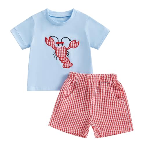 Kiluex Baby Boy Girl Crawfish Outfit Lobster Embroidery Short Sleeve Fishing T Shirt Toddler Shorts Set Summer Clothes