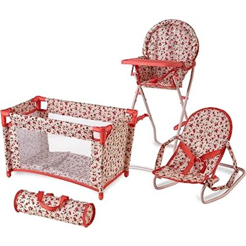 Floral Baby Doll Accessories Set, 3-1 Baby Doll Crib, Baby Doll High Chair & Bouncer Seat. 18 inch Doll Accessories with Doll Bed. 18" Dolls Furniture Play Stuff. Toys for Girls Ages 3-5,4-6,5-7,8-10