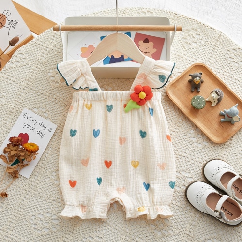 Baby Girl Allover Heart Graphics Ruffle Flounce Sling Romper