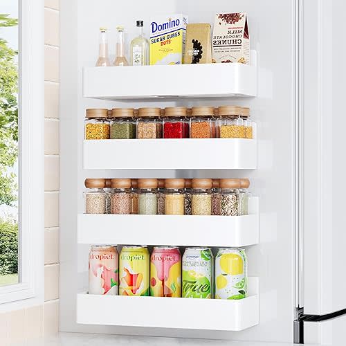 Magnetic Spice Rack for Refrigerator, Kitchen Organizer and Storage Shelf, White (4 Pack)…