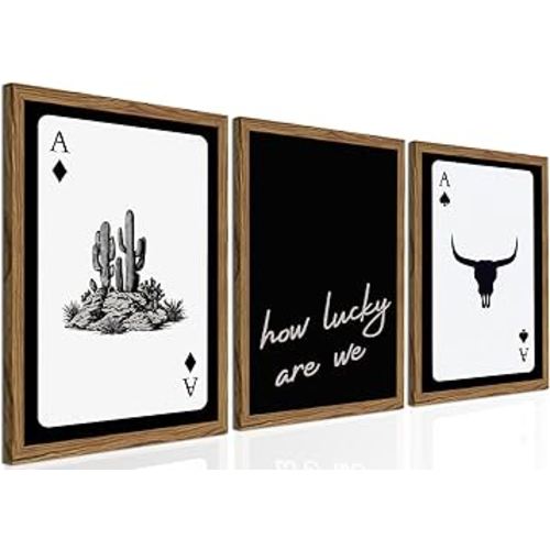 Western Wall Art Set of 3, Southwestern Cowboy Playing Card Wall Decor, Longhorn Bull Skull and How Lucky are We Poster Canvas Painting Prints for Bedroom Living Room 12x16 inch Wood Framed