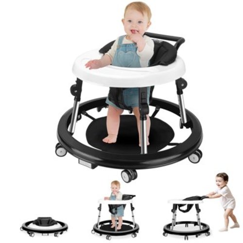 Baby Walker 10 Adjustable Heights Foldable Safety Walkers for Boys Girls Babies 6-18 Months Portable Activity Center Anti-Roll with Wheels and Large Dinner Plate, Black
