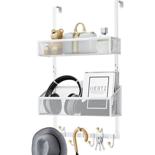 Over The Door Hooks Organizer：Hanging Over The Door Shelf Hanger - Heavy Duty Door Hanger Towel Rack with 7 Coat Hooks and 2 Mesh Baskets Waterproof for Bathroom Bedroom and Kitchen（White）
