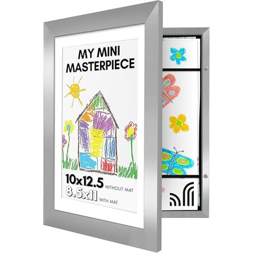 Americanflat 10x12.5 Kids Art Frame - Front Loading Picture Frames Hold 100 Artworks - Use as 8.5x11 Frame with Mat or Display 10x12.5 Artwork Without Mat - My Mini Masterpiece - Silver