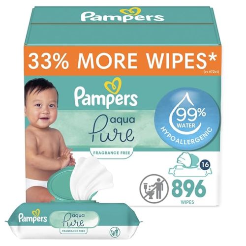 Pampers Aqua Pure Sensitive Baby Wipes, 99% Water, Hypoallergenic, Unscented Baby Wipes, 896 Baby Wipes Total (16 Flip-Top Packs)