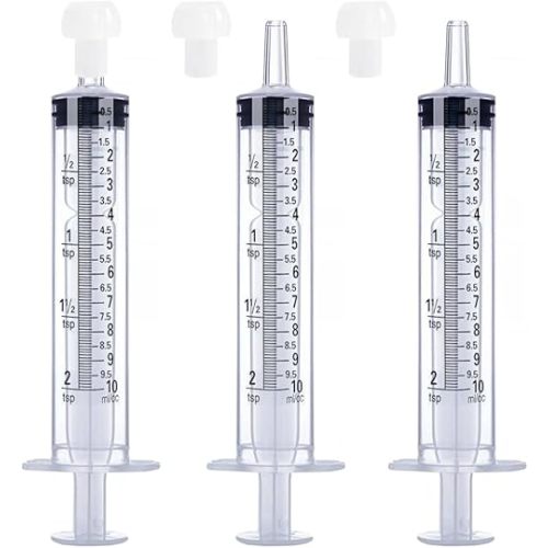 10mL Syringe for Liquid, Food, Oral, Scientific Labs, Measurement, Dispensing, Press-In Adapter, Craft, Big Tip with Cap- 3 Pack 10ml Syringes with tsp & mL Measurement
