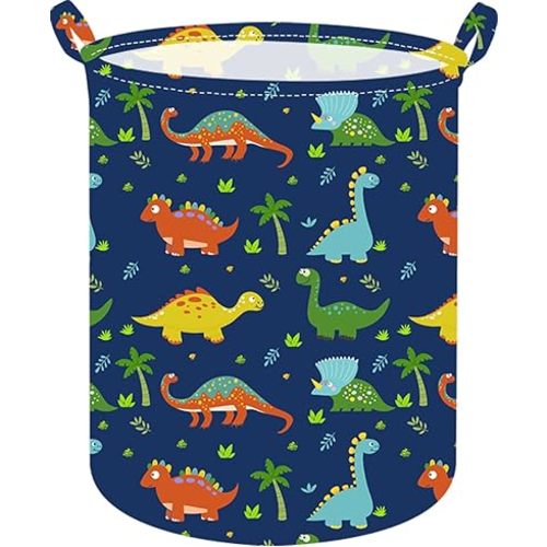 19.7 Inch Dinosaur Round Kids Laundry Clothes Hamper Dino Laundry Basket with Handles,Baby Toys Storage Organizer Bins Laundry Gift Basket for Boys and Girls Room, Bedroom Decor
