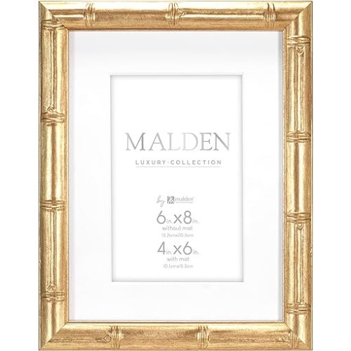 Malden International Designs 4x6 Matted Gold Bamboo PS Moulding Picture Frame Antique Gold Finish White Matboard