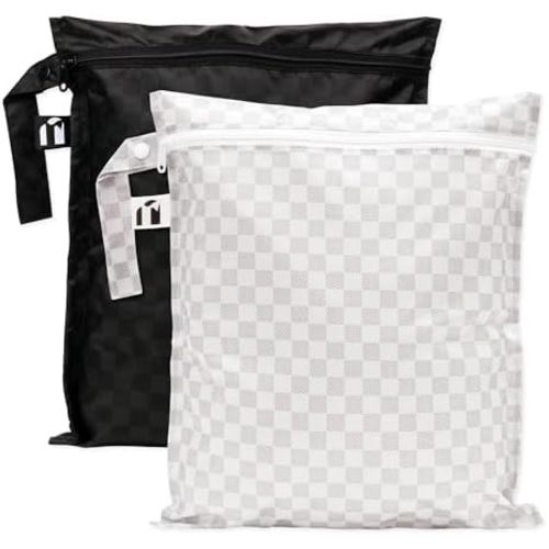 Roamio Waterproof Wet Bag for Baby, Travel, Swim Suit, Cloth Diaper, Pump Parts, Pool, Beach, Gym Clothes, Toiletry, Hook to Stroller, Daycare, Zip Reusable Wetdry Pack, 2-pk Black Check and Off White