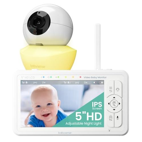 Babysense HD 5" Video Baby Monitor with Camera and Audio, No WiFi/App, Secure Closed-Loop, Night Vision, Pan-Tilt-Zoom, VOX Audio Alerts, White Noise & Lullabies, Up to 1000 ft Range, 20-Hour Battery