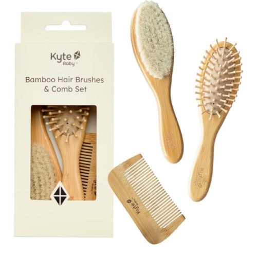 Kyte BABY Bamboo 3-Piece Brush Set - 1 Goat Hair Brush, 1 Wooden Bristle Brush and 1 Bamboo Comb