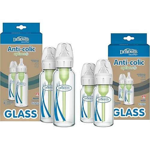 Dr. Brown's Natural Flow Anti-Colic Options+ Narrow Glass Baby Bottles, Made in The USA, BPA Free, 8oz and 4oz, 0m+, 4-Pack