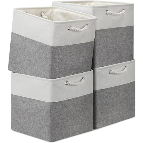 Posprica Storage Cubes 13x13, Collapsible Storage Bins Organizer for Closet, Fabric Storage Box with Cotton Rope Handles, Decorative Storage Baskets for Shelves, Nursery, Toy, set of 4 - White/Gray