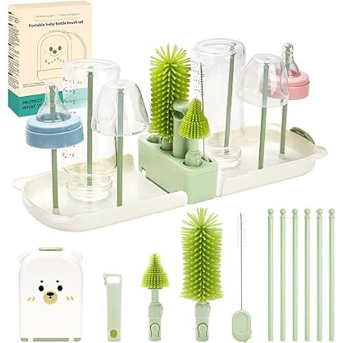Bottle Cleaner Brush Set, 7 in 1 Bottle Brush Cleaner Baby, Home and Travel Bottle Brush Set Contain Bottle Brush, Nipple Brush, Straw Brush, Storage Box, Soap Dispenser, Bottle Drying Rack