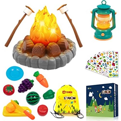 MITCIEN Pretend Camping Toys Play Set, Campfire, Play Food Toy Food for Kids with Oil Lantern, Pretend Fruits Vegetables Cutting, S'Mores, Indoor Outdoor Toys for Toddler