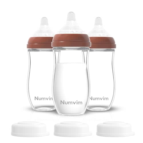 Numvim Natural Glass Baby Bottles Set, Gentle Medium Flow, Anti Colic Bottles for 3 + Months Breastfed Babies, 3 Packs (Brown, 8oz)