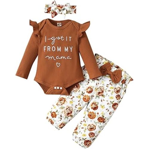 3 Pcs Infant Baby Girl Clothes Letter Print Long Sleeve Romper Flower Pant Headband Toddler Outfits Set