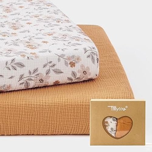 TILLYOU Muslin Mini Crib Sheets 2 Pack, Pack and Play Mattress Sheets Fitted for Pack N Play, 38'' x 26'' Sheet for Toddler, Yellow Flower