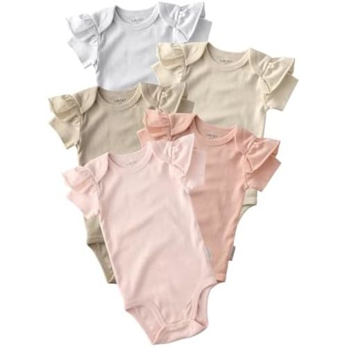 Butterblu baby-girls Rory 5-pack Short Sleeve Ruffle Shoulder Bodysuits 100% Organic Cotton for Baby Girls