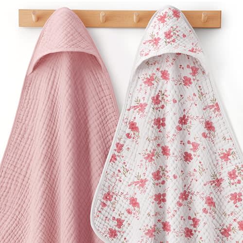 Looxii Baby Bath Towels 2 Pack Muslin Hooded Baby Towels for Newborn and Infants, 100% Cotton, Large 32x32Inch, Soft and Absorbent Pink+Flowers