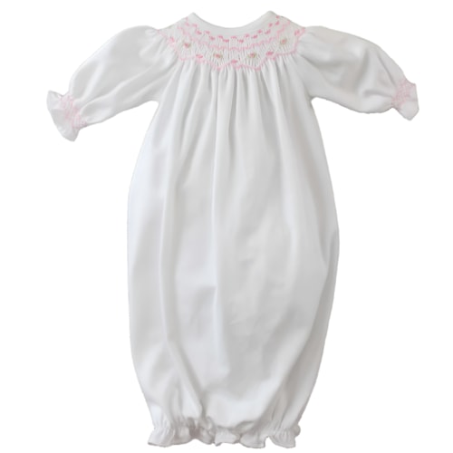 Baby Girls Smocked Take Home Gown White Pink Pima Cotton