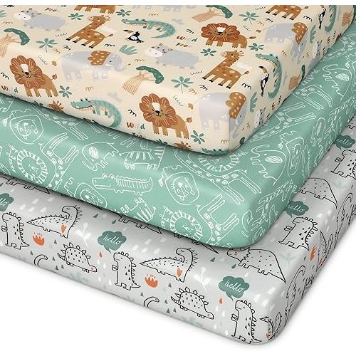 Unnivoll Pack and Play Sheets Fitted 3 Pack, Mini Crib Sheets for Pack N Play Mattress Stretchy Portable Playard Sheets, Soft Breathable Green & Apricot Lion