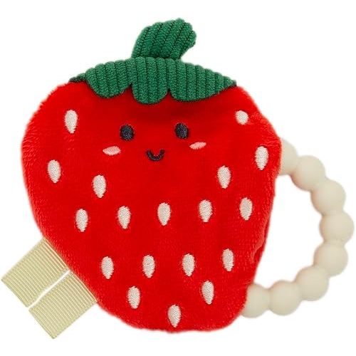 Pearhead Strawberry Baby Teether – Soft Plush Sensory Toy with BPA-Free Silicone Beaded Ring & Crinkle Sound, Soothes Teething Pain, Newborn Essentials for Boys and Girls, 0+ Months