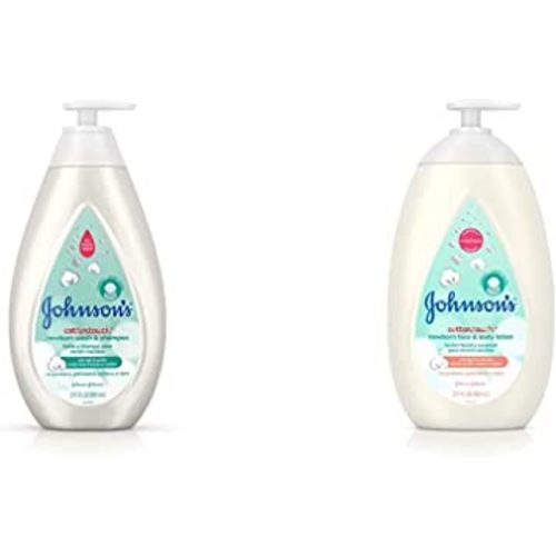 Johnson's CottonTouch Newborn Baby Wash & Shampoo with No More Tears, Hypoallergenic, 27.1 fl. oz with CottonTouch Newborn Baby Face and Body Lotion, 27.1 fl. oz