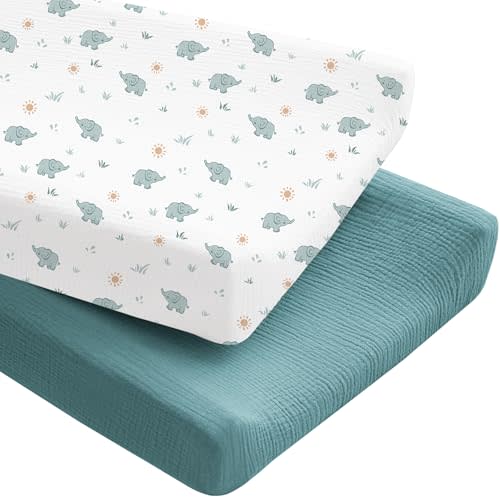 Konssy 2 Pack Muslin Changing Pad Covers for Boys, Ultra Soft & Breathable Cotton Baby Diaper Changing Table Covers, Neutral Nursery Diaper Changing Pad Sheets (Elephant,Teal)