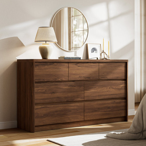 Latitude Run® 7 Drawer Walnut Dresser For Bedroom, 55" Wide Modern Chest Of Drawers With 7 Large Storage Space With Curved Edge Design, Large Dresser For Bedroom,Walnut & Reviews | Wayfair
