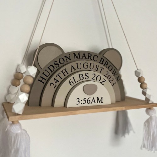 Bear Stacker Shelfie - Personalised Woodland Themed Nursery - Brown Bear Nursery decor - birth details wooden Bear mocha beiges