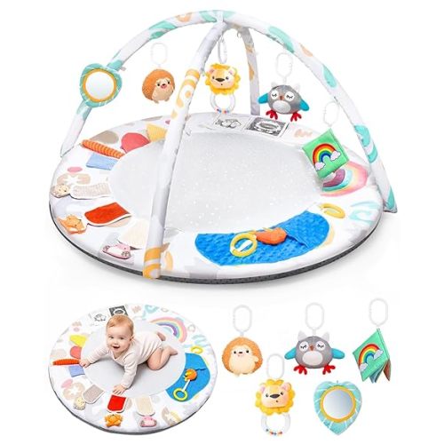 Montessori Baby Play Gym & Activity Mat for Brain Development (0-12Mo) | 5-Sensory Zones + 5 Toys |Portability Tummy Time Activity Mat Stage-Based for Newborn Brain Development Essential & Gift-Ready