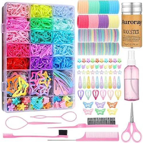 auroray Hair Accessories for Girls, 1700 Pcs Colorful Hair Rubber Bands Elastic Hair Ties Hair Clips Hair Wax Stick Spray Bottle Hair Styling Tools with Organizer Box