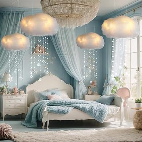 Marsui Fake Cloud Props Imitation 3D Cotton Hanging Cloud Light School Decoration with Acrylic Raindrop for Room Ceiling Wall Baby Shower Party Wedding Nursery Classroom DIY Decor(4 Pcs)