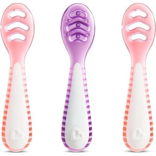 Munchkin® Gentle Dip™ Baby Spoons for Self Feeding and Baby Led Weaning, 3 Pack, Pink/Purple