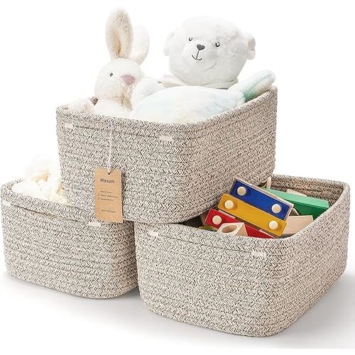 3-Pack Shelf Baskets for Organizing, Closet Organizer Bins, Small Woven Baskets, Rope Toy Basket, Storage Basket for Shelves, Cube Decorative Box, 11.5×7.5×4.7”, Mixed brown
