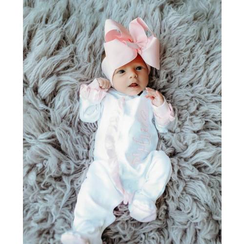 Baby girl coming home outfit, monogrammed footie, ruffle footie white, newborn picture outfit, baby girl clothing, baby shower gift, pima