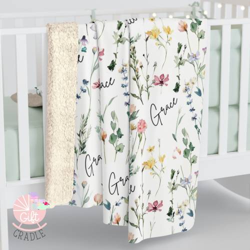 Personalized Sherpa Wildflower Baby Blanket With Name 50”x60”