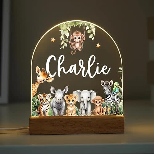 Personalized Night Light, Custom Name LED Animal Lamp, Safari Jungle Animals Light, LED Wooden Base Night Lights, Gifts for Kids, Bedroom Bedside Decorations