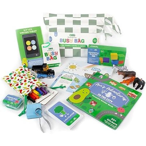 BapronBaby Feeding Littles Busy Bag (Sage Checkerboard) - Toddler Travel Activity Kit, Restaurant Activity Kit for Independent and Family-Wide Play, Age 3+
